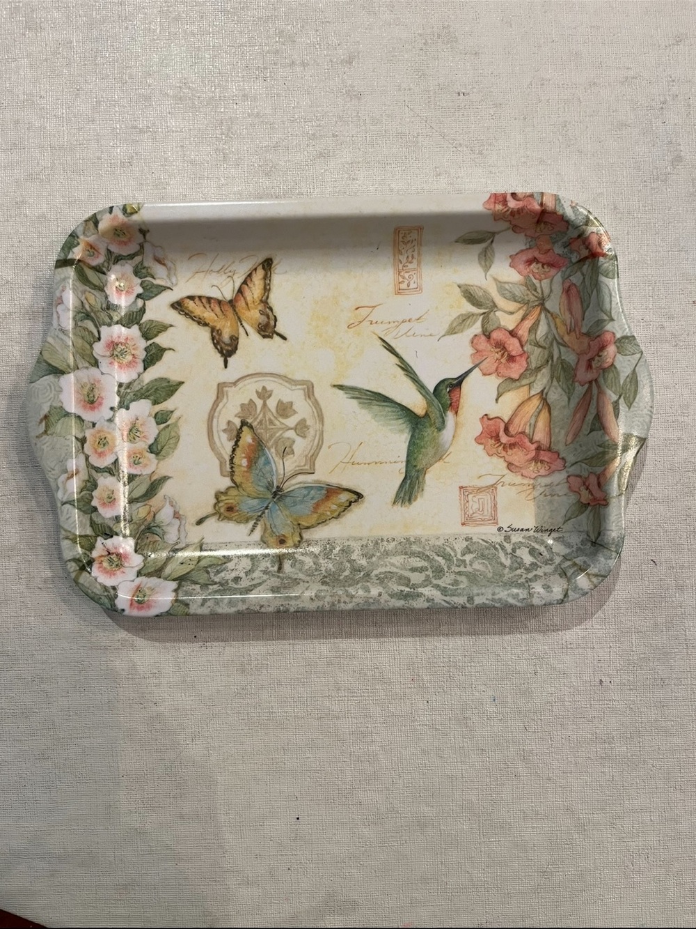 Pastel floral Hummingbird & Butterfly Decorative melamine small Serving Tray.